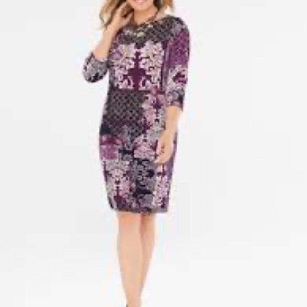 Chico's Purple Long Sleeve Travelers Classic Damask -Print Dress Size Small